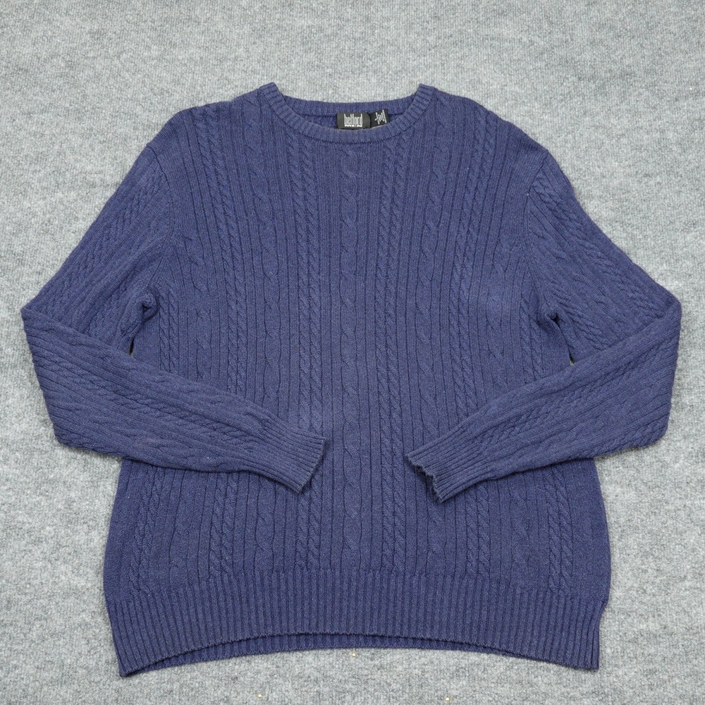 Belford Sweater Men Large Blue Cable Knit Cotton Crewneck Pullover Classic